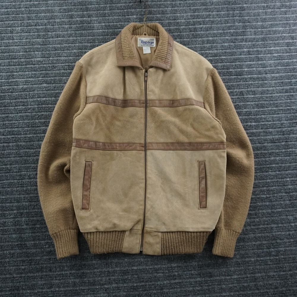 Repage Leather Knit Bomber Jacket Mens Large Tan Vintage Mixed Media